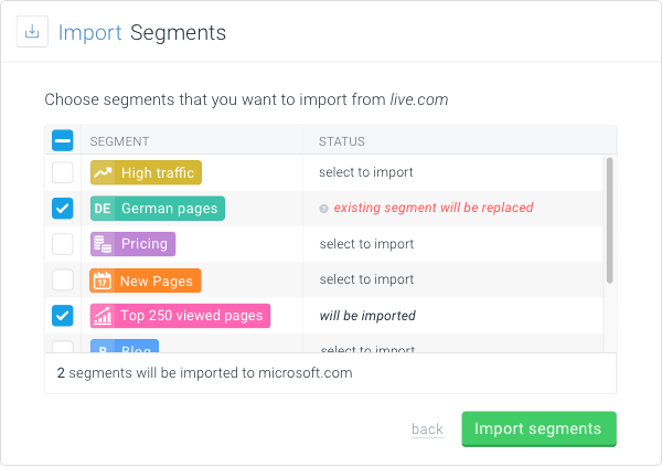 Screenshot showing the process of importing segments from one website to another in ContentKing