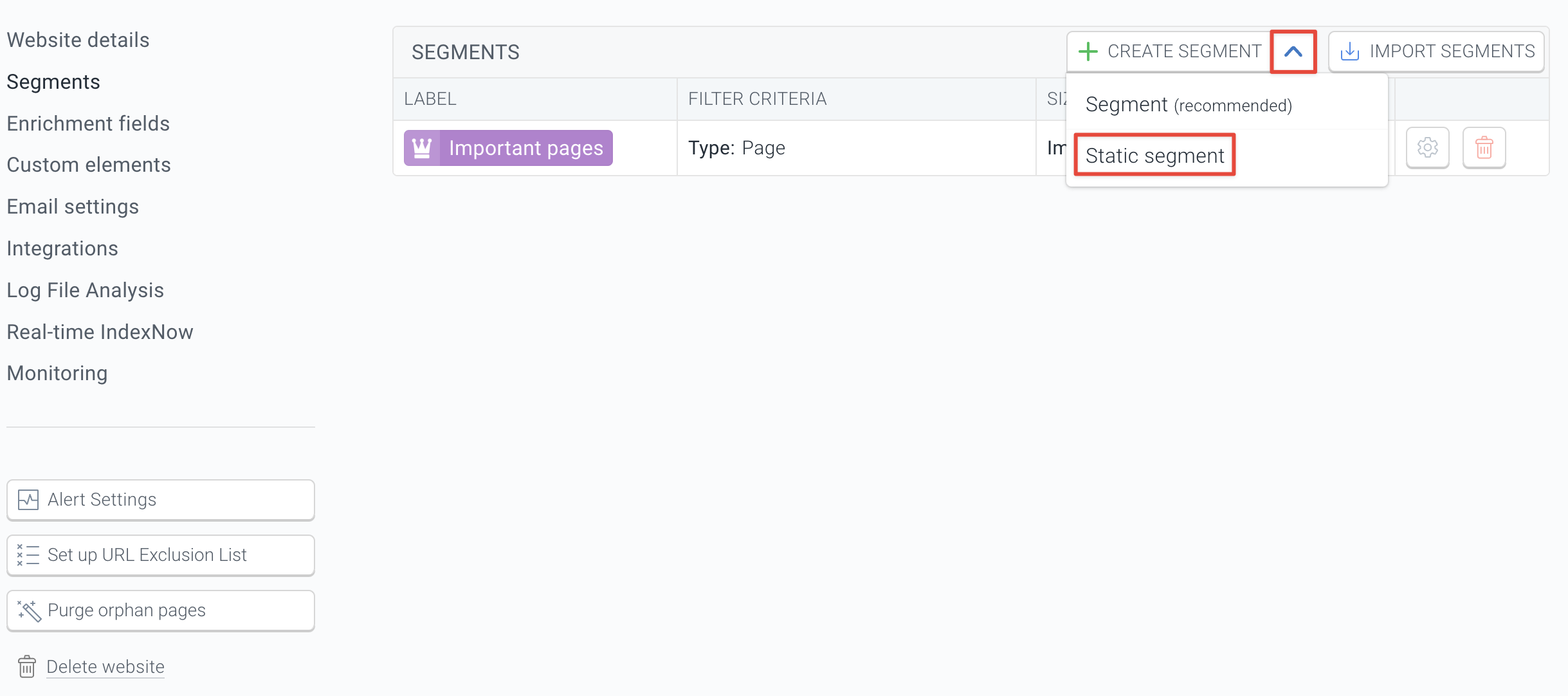 Screenshot showing a window in which you can specify to create a static segment