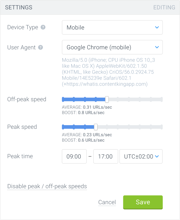 ContentKing monitoring with different peak and off-peak speeds