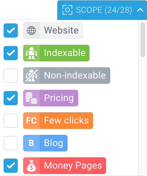 Selecting the segments to be displayed on the dashboard and in the Weekly Report Screenshot showing the way of selecting the segments to be displayed on the dashboard and included in the Weekly Report