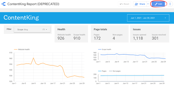 Screenshot showing how to turn the edit mode in the ContentKing Report