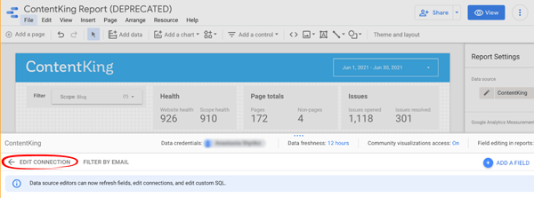 Google Data Studio Report Edit Connection Screenshot showing how to edit the edit connection in Google Data Studio report