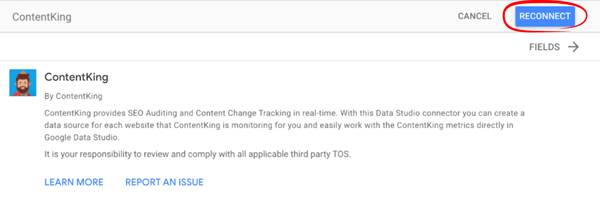 Google Data Studio reconnect Screenshot showing how to reconnect the data source