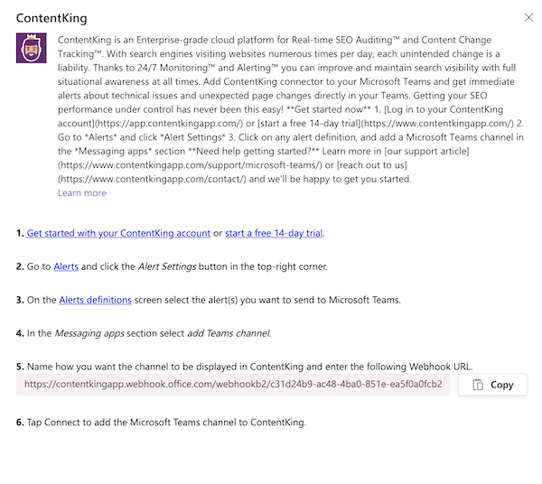 ContentKing - Microsoft Teams connection webhook