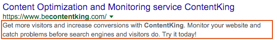 Meta description for the ContentKing homepage on Google