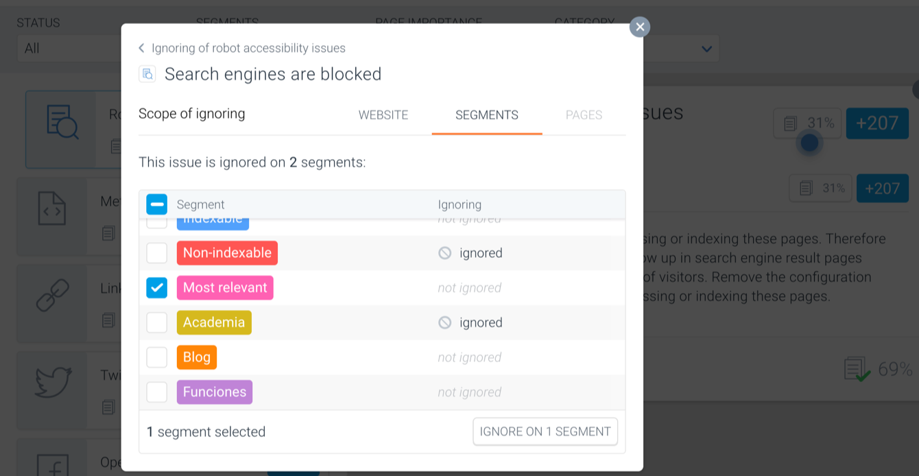 Ignoring issues on specific segments