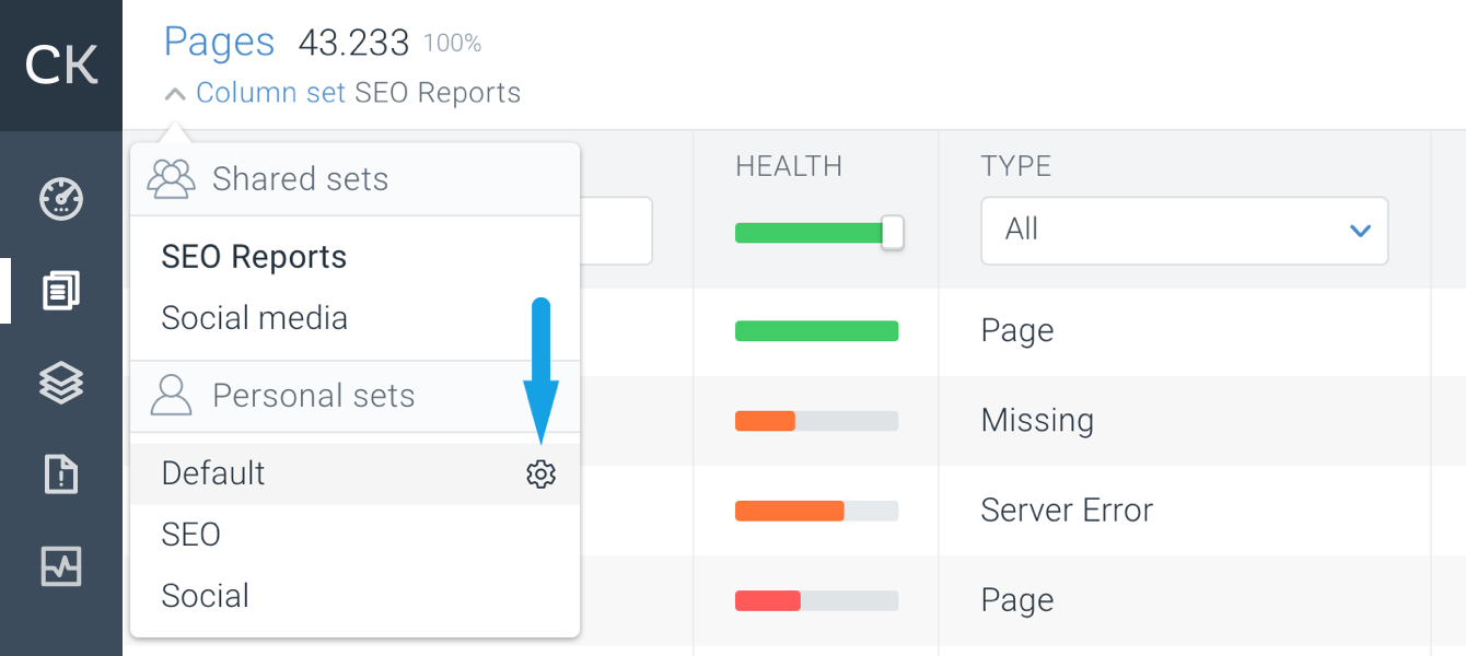 ContentKing - Column settings