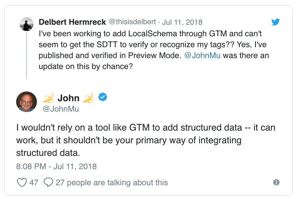 Advice from John Mueller (Google) on implementing Schema using GTM