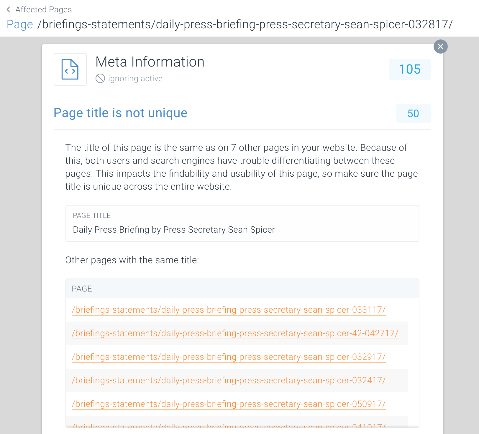 ContentKing page title uniqueness for Whitehouse.gov ContentKing page title uniqueness for Whitehouse.gov