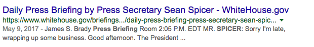 SERP snippet for daily press briefing query Whitehouse.gov SERP snippet for daily press briefing query Whitehouse.gov