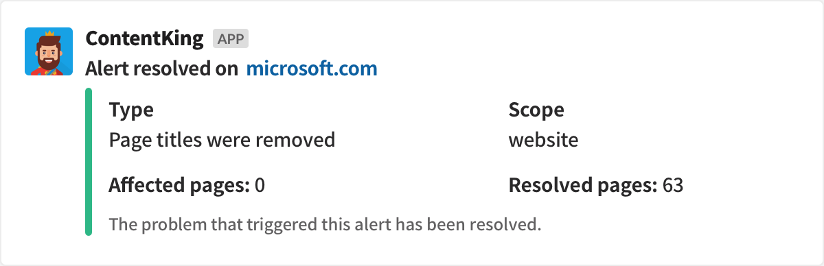 ContentKing - Alert closed Slack message
