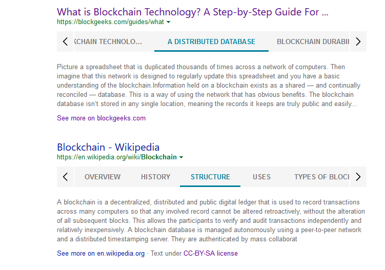 Featured snippet in Bing for blockchain query