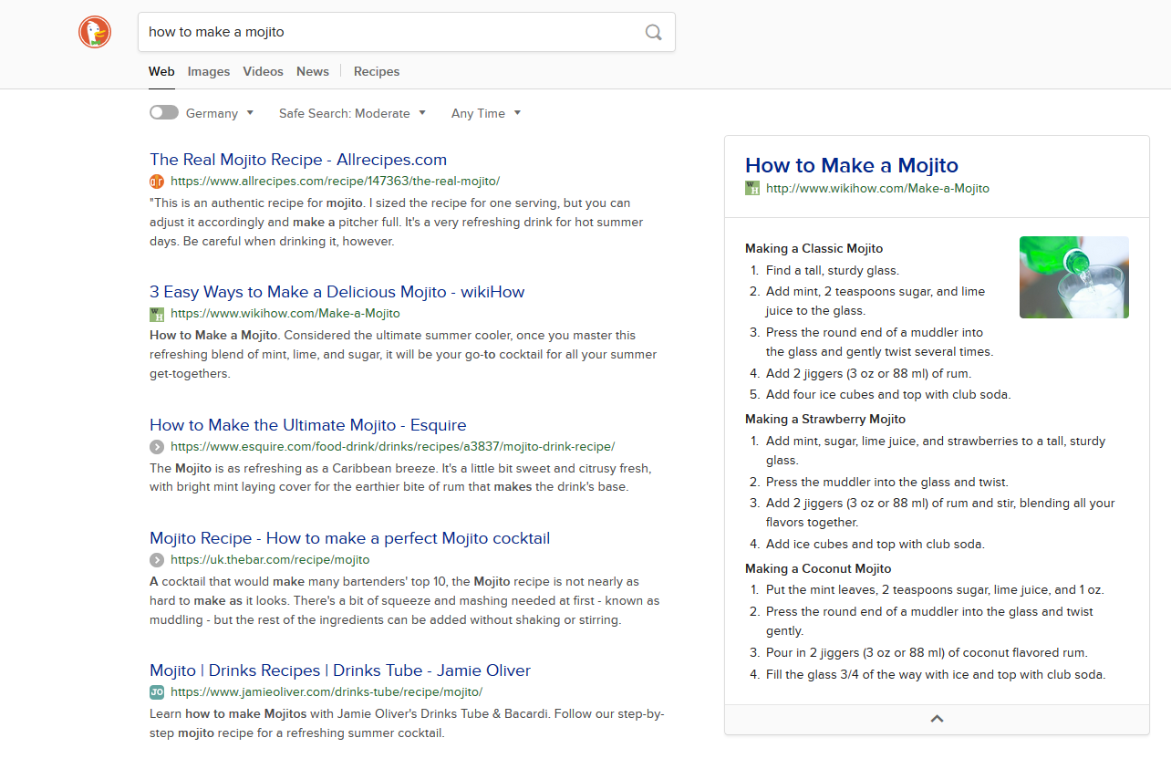 Featured snippet in DuckDuckGo for query: how to make a mojito Featured snippet in DuckDuckGo for query: how to make a mojito