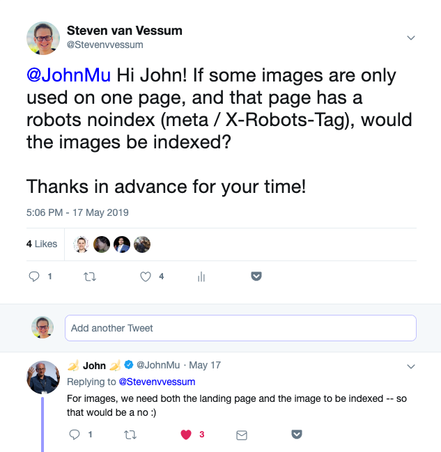 John Mueller answers question from Steven van Vessum about the effect of the robots noindex directive on image indexability John Mueller answers question from Steven van Vessum about the effect of the robots noindex directive on image indexability