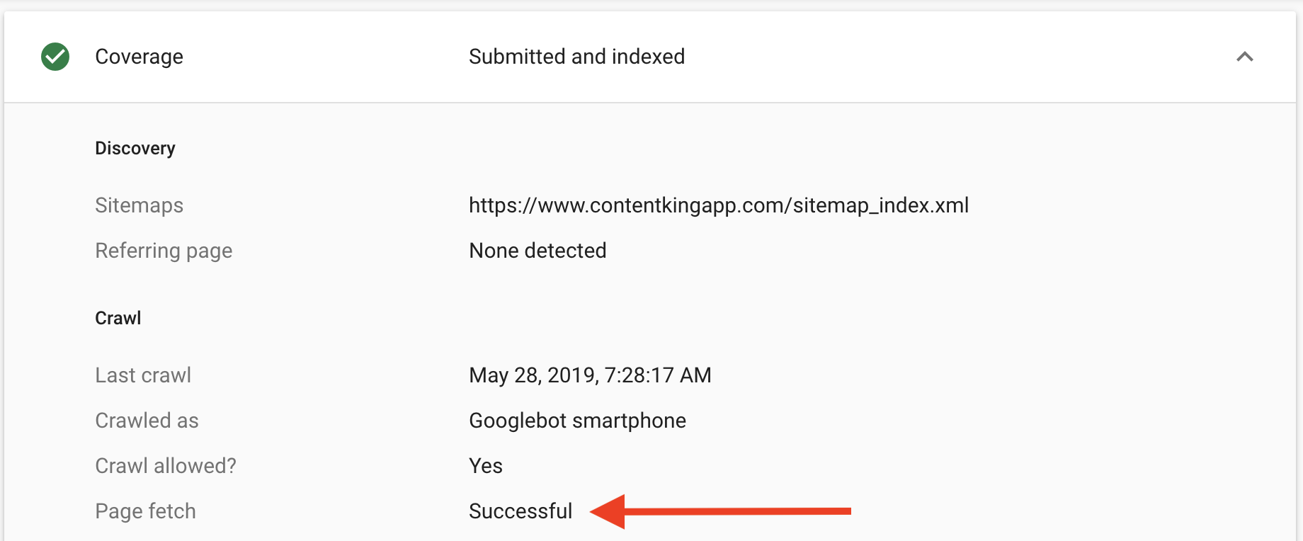 Screenshot of Google Search Console showing that fetching a URL was successful. Screenshot of Google Search Console showing that fetching a URL was successful.