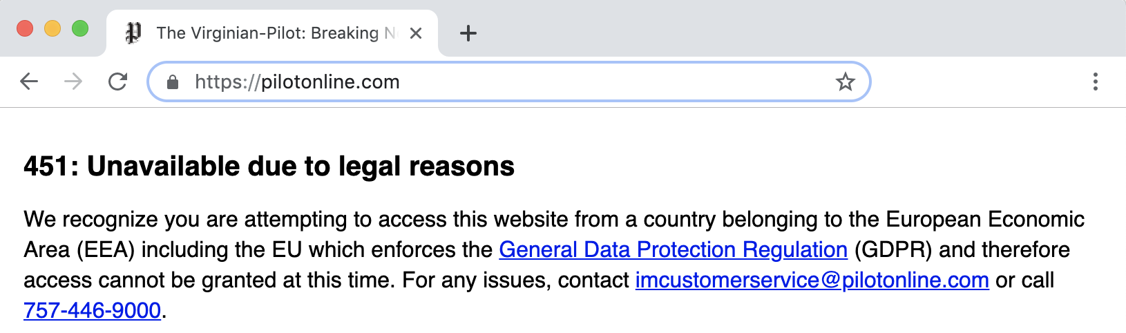Screenshot of pilotonline.com incorrectly returning HTTP status code 451 Screenshot of pilotonline.com incorrectly returning HTTP status code 451
