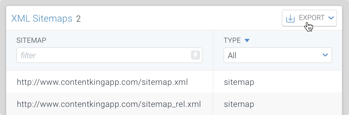 Exporting list of XML Sitemaps in ContentKing