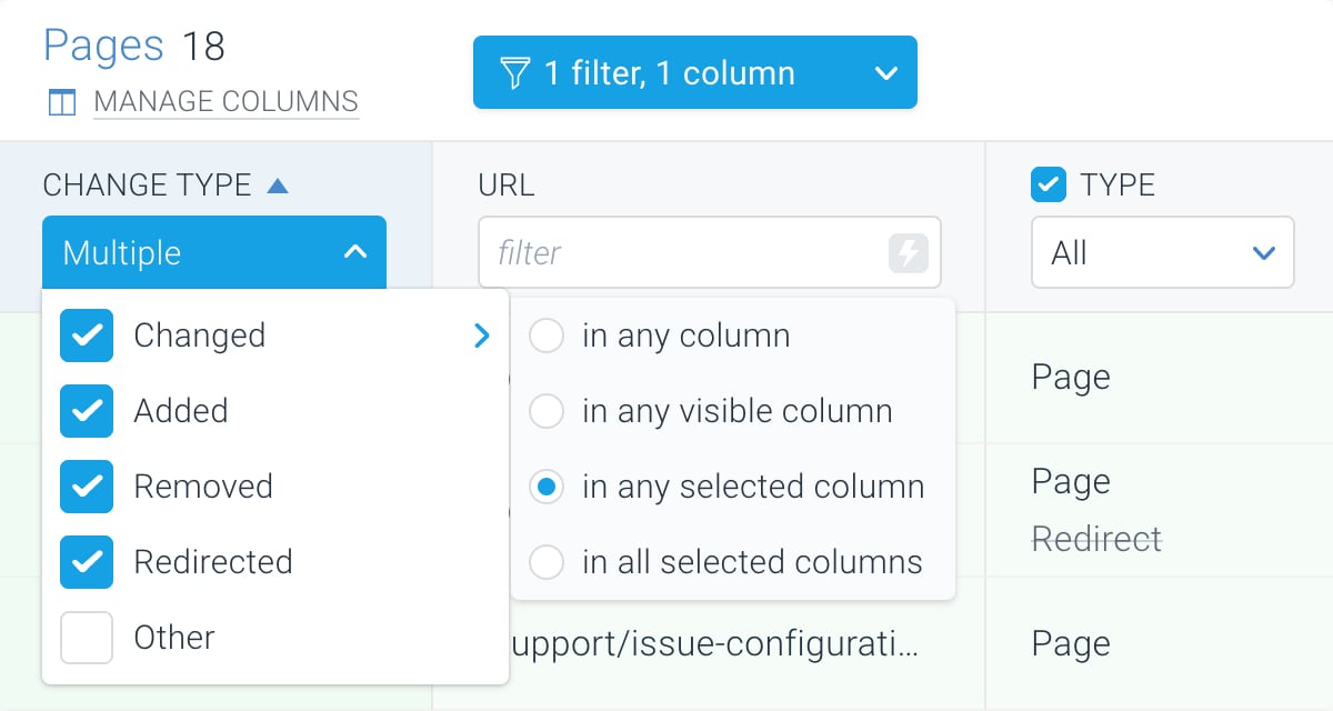 Filtering on changes in specific columns in ContentKing